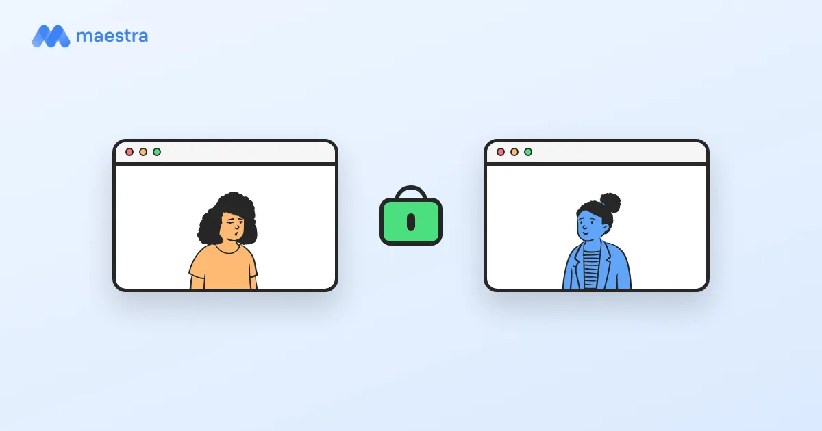 Ilustração de duas janelas de navegador com paciente e psicóloga, e um cadeado entre elas