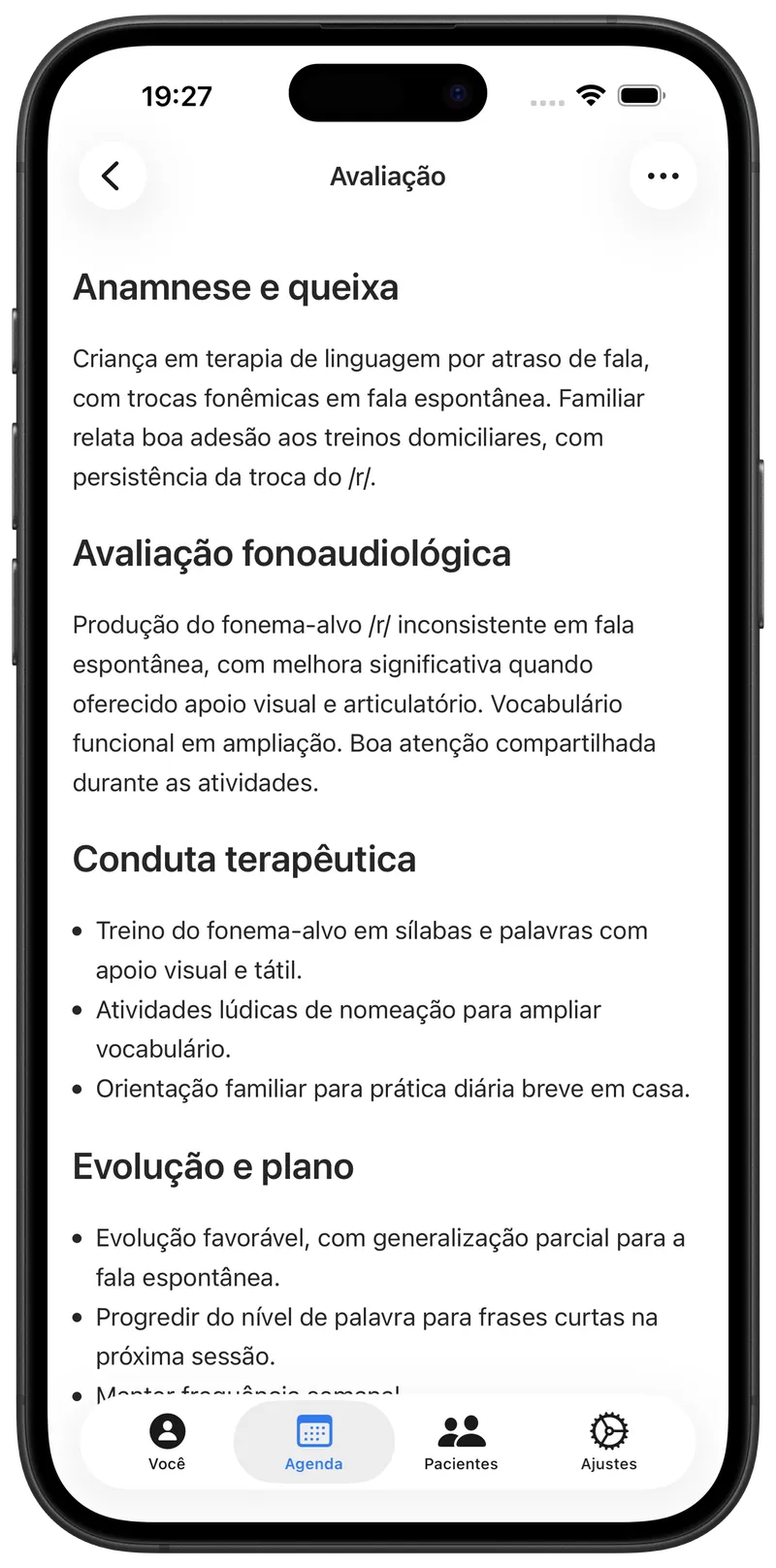 Registro fonoaudiológico escrito pelo Maestra