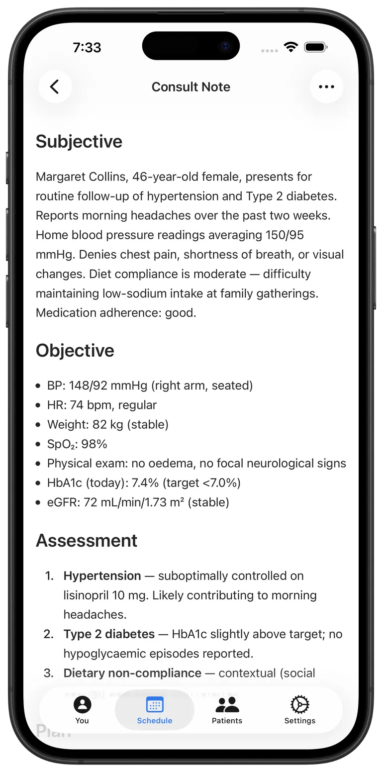 Consult note screen