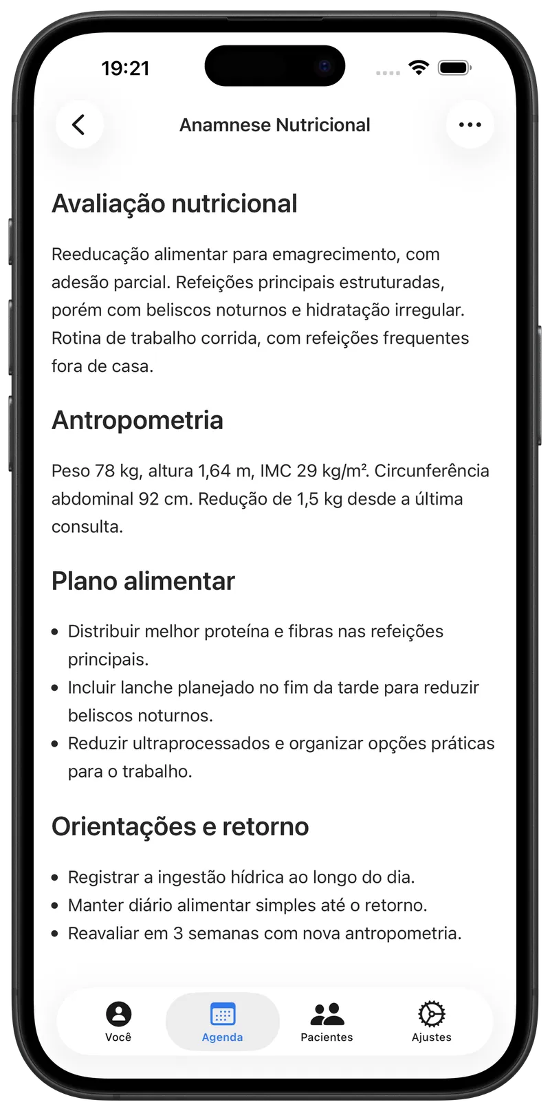 Registro nutricional escrito pelo Maestra