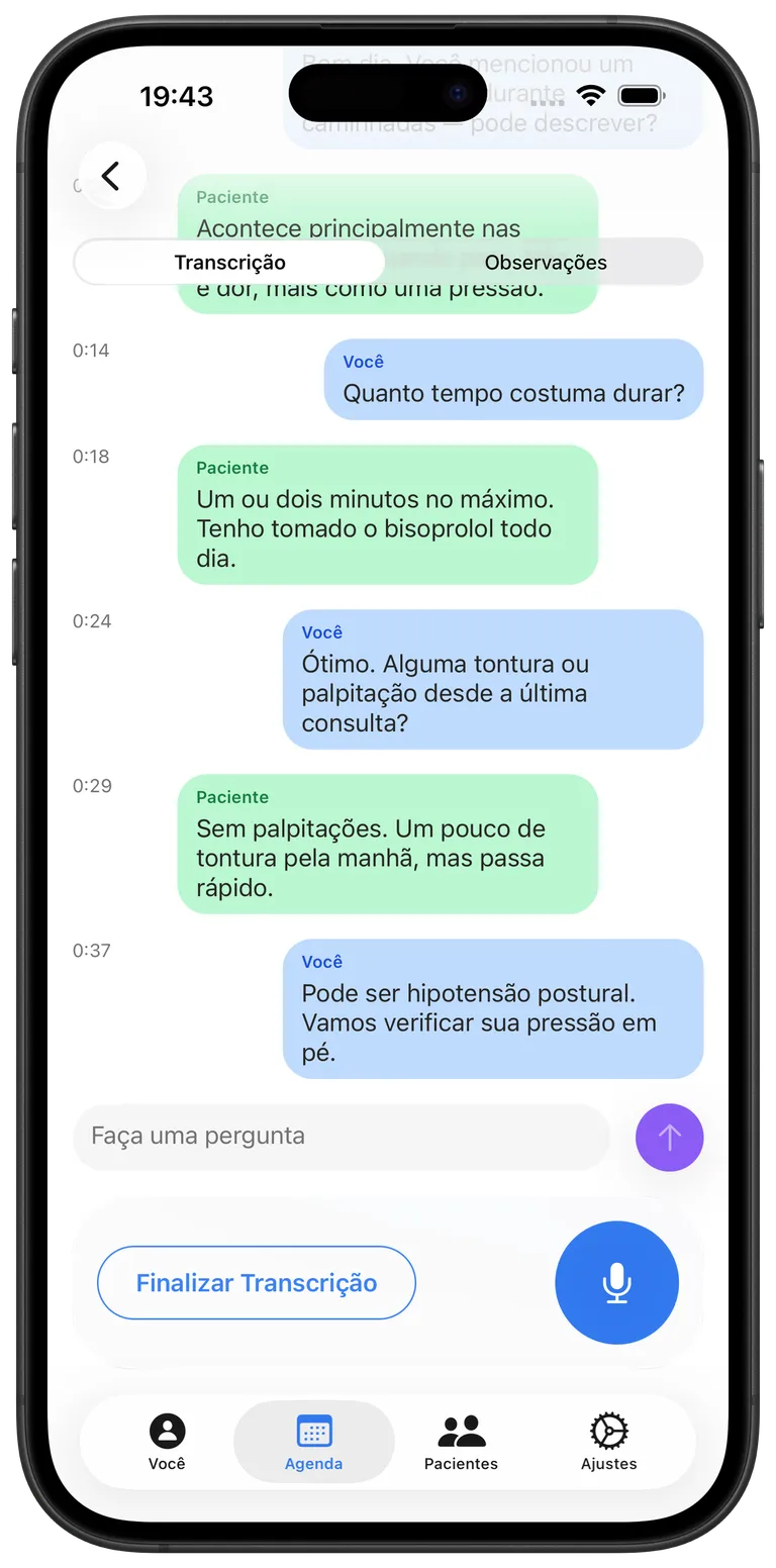 Tela de transcrição ao vivo